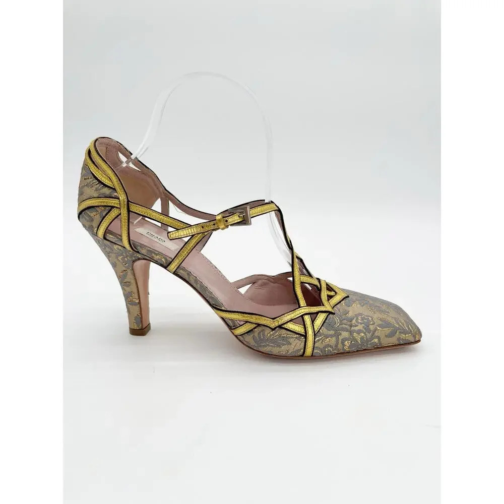 Prada Vintage Gold Floral Brocade Retro Baroque Strappy Square Toe Heels IT 40 - Picture 3 of 11